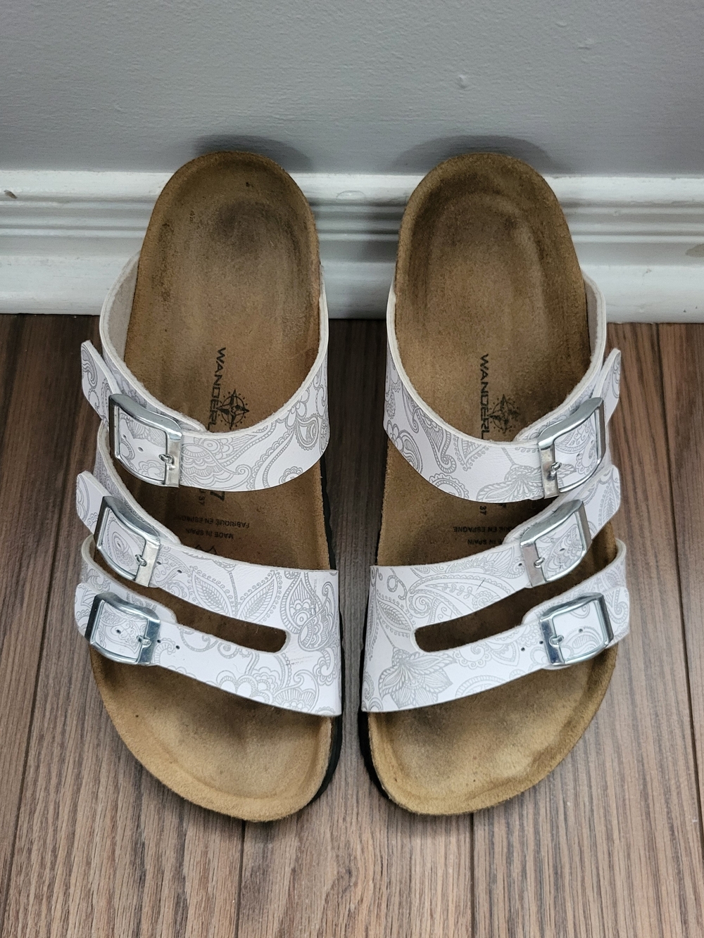 Wanderlust White Triple-Buckle Paisley Sandals